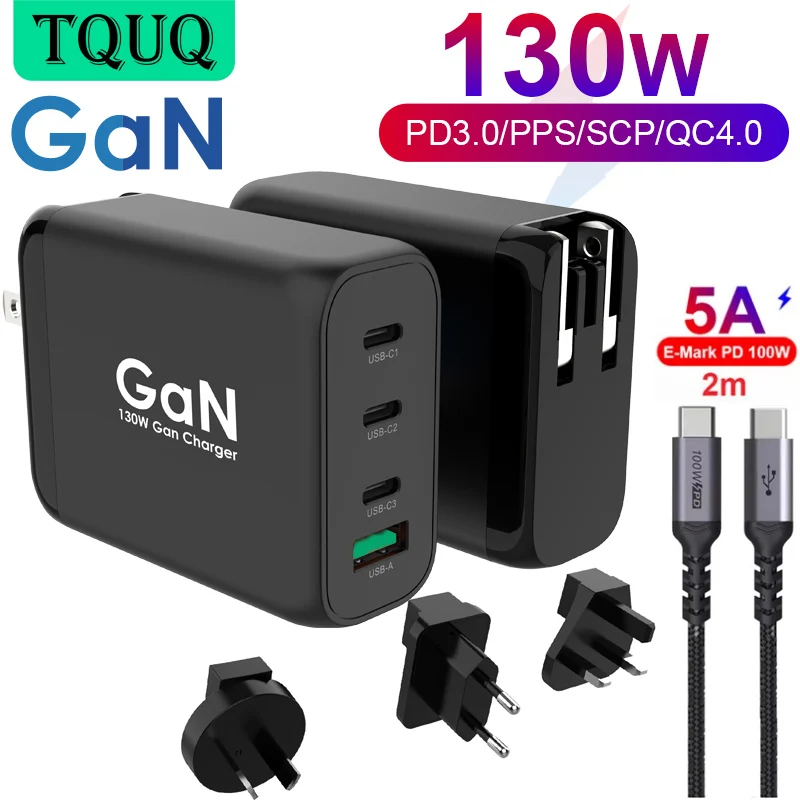 

TQUQ 130W GaN Travel Adapter, USB-C PD 100W PPS 65W 45W QC3.0/SCP Type C Fast Charger for MacBook iPhone Samsung Xiaomi Laptop