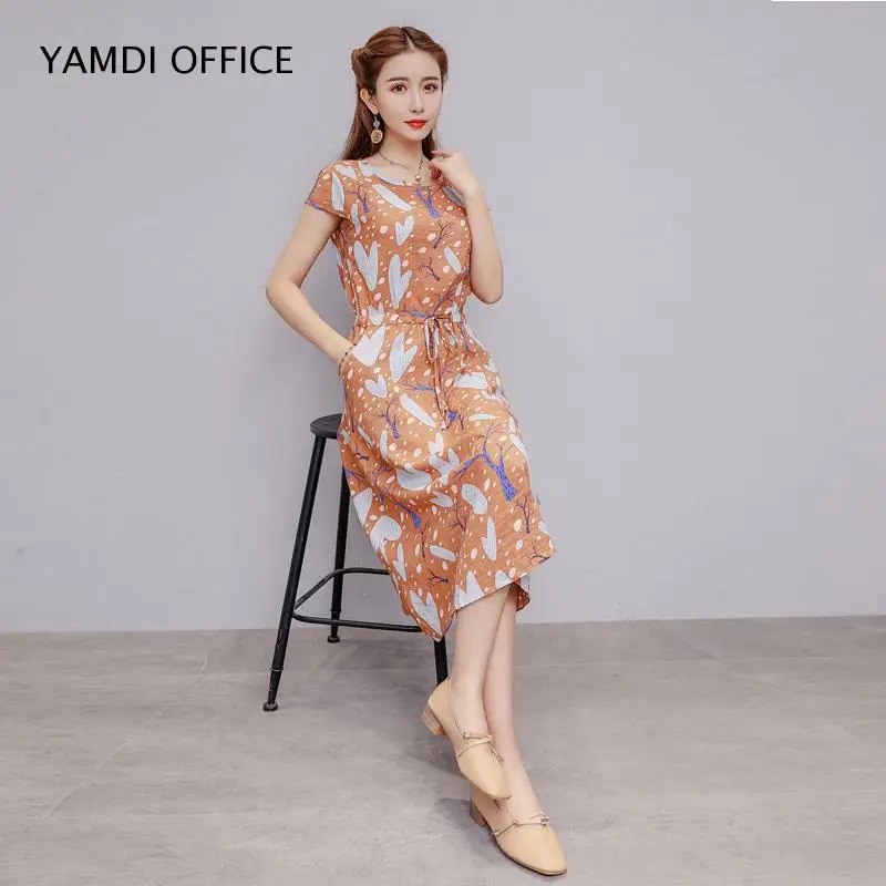 Женское платье средней длины повседневное облегающее Хлопковое с цветочным