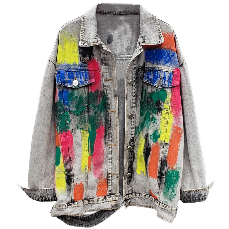 

Popular Women Denim Jacket Streetwear 2020 Autumn New Personality Paint Graffiti Retro Jeans Coat Female Loose Cowboy Coat