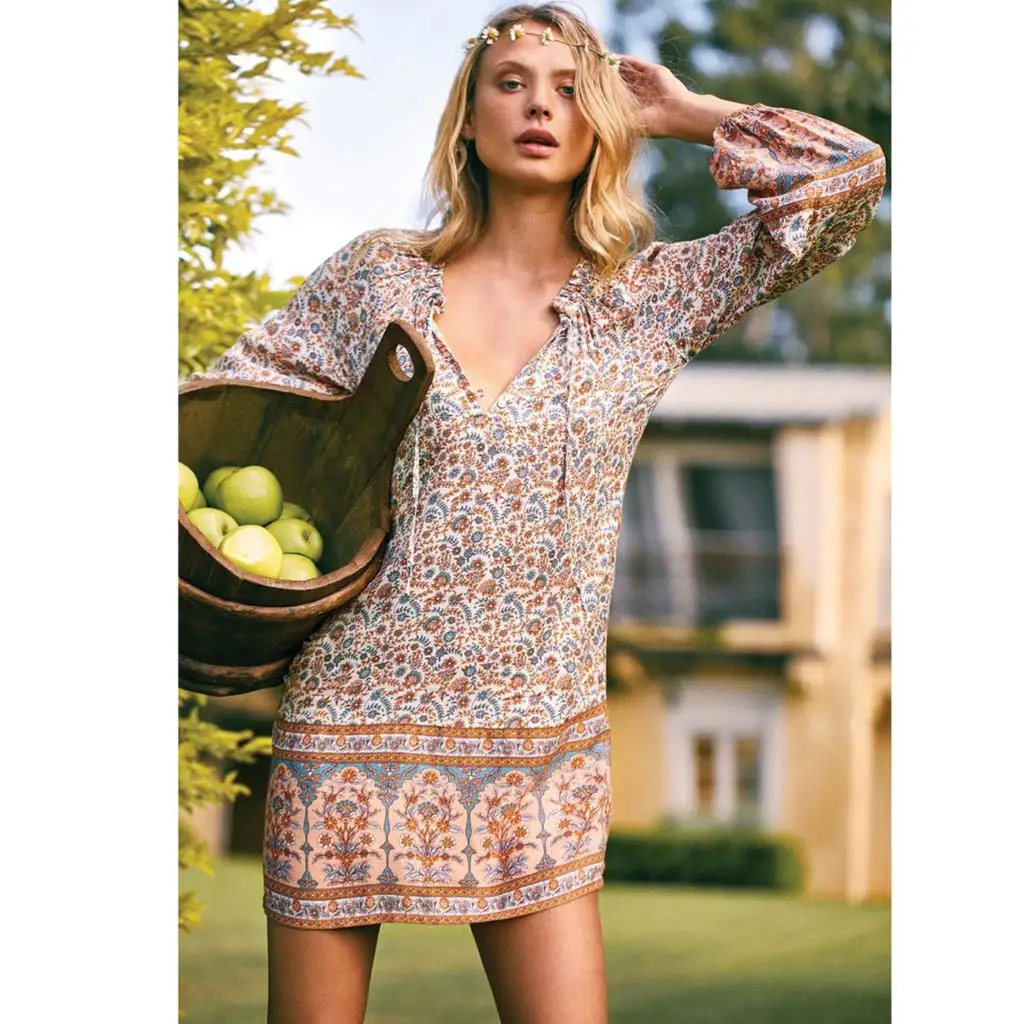

Jastie Summer Women Boho Floral Long Sleeve Dress Holiday Beach Short Dresses Ruffle V Neck Ladies Print Mini Dress Vestidos