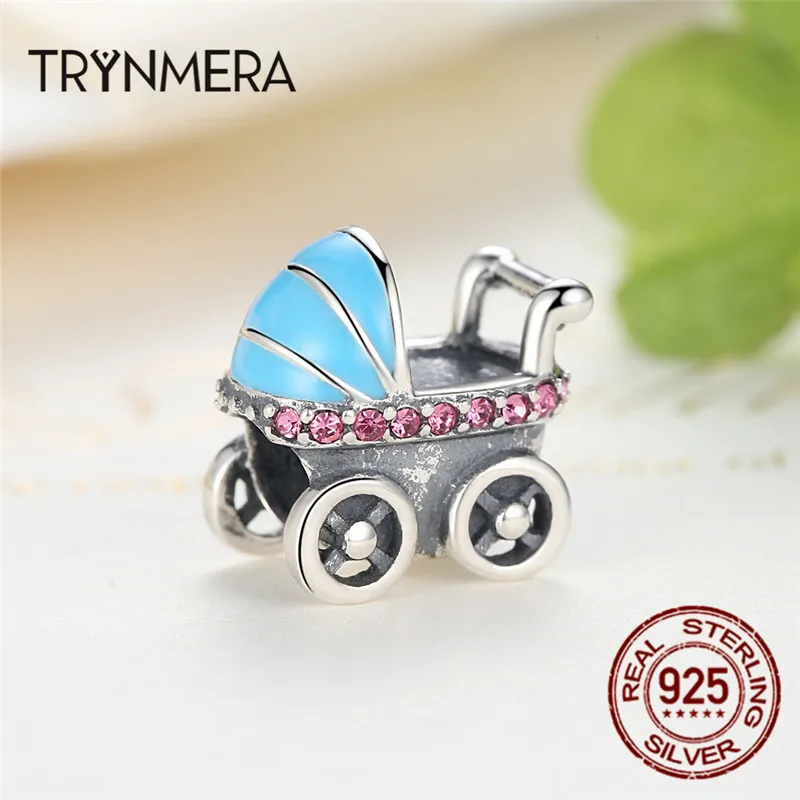 Trynmera 925 пробы серебро Детские коляски синий автомобиль Подвески Fit Браслет Diy Аксессуары подарок для женщин и девочек TA043