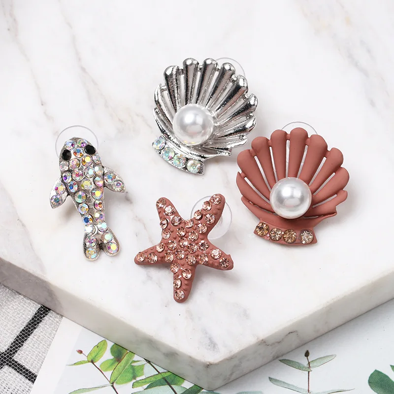 2019 Vintage Cute Ocean Small Stud Earrings Alloy Pearl Shell Starfish Crab Fish Asymmetric for Women Fashion Jewelry | Украшения и