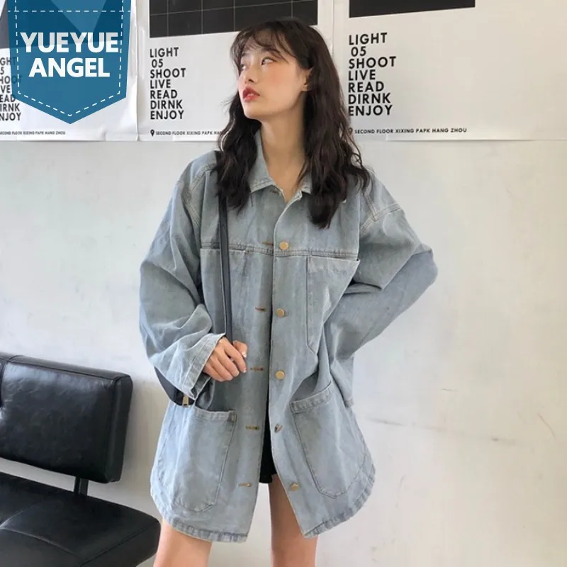 

Женская джинсовая рубашка, Повседневная Блузка средней длины, винтажные Осенние Топы с длинным рукавом, карго с несколькими карманами, своб...