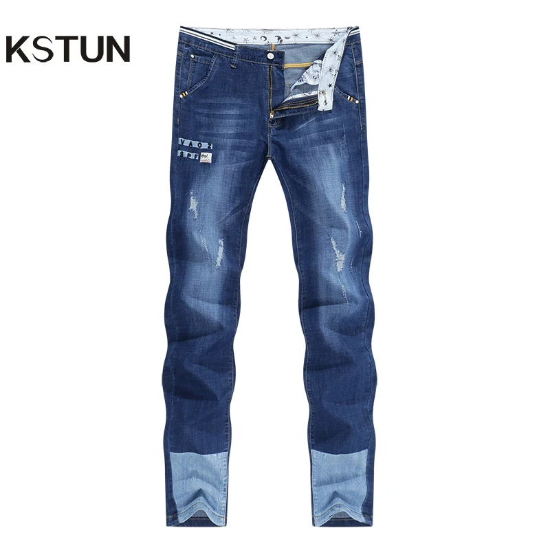 Мужские джинсы KSTUN брендовые Стрейчевые тонкие Синие рваные в стиле хип хоп для