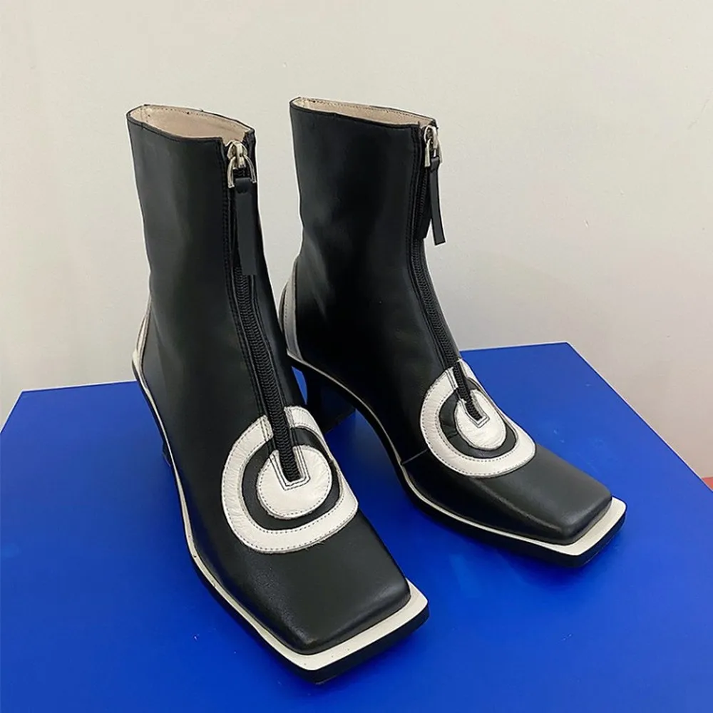 

Hot Sale Womens Sequare Toe Circle Printed Ankle Boots Genuine Leather Strange High Heel Shoes Central Zip Warm Winter Black Whi