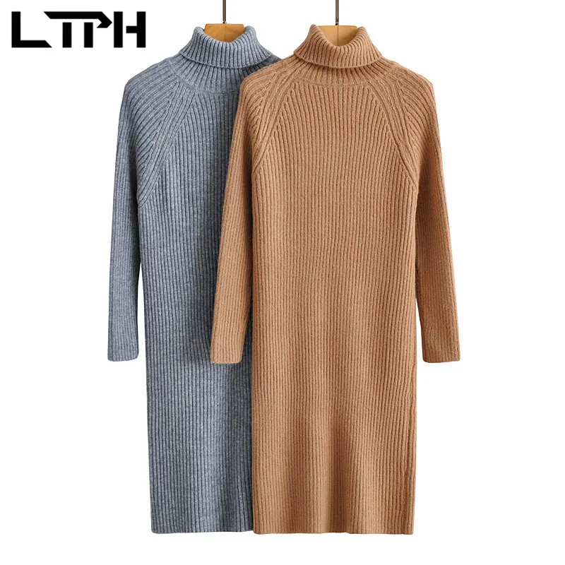

LTPH solid base knitted turtleneck dress women casual all-match long sleeve pullover stretch slim midi dresses 2021 autumn new