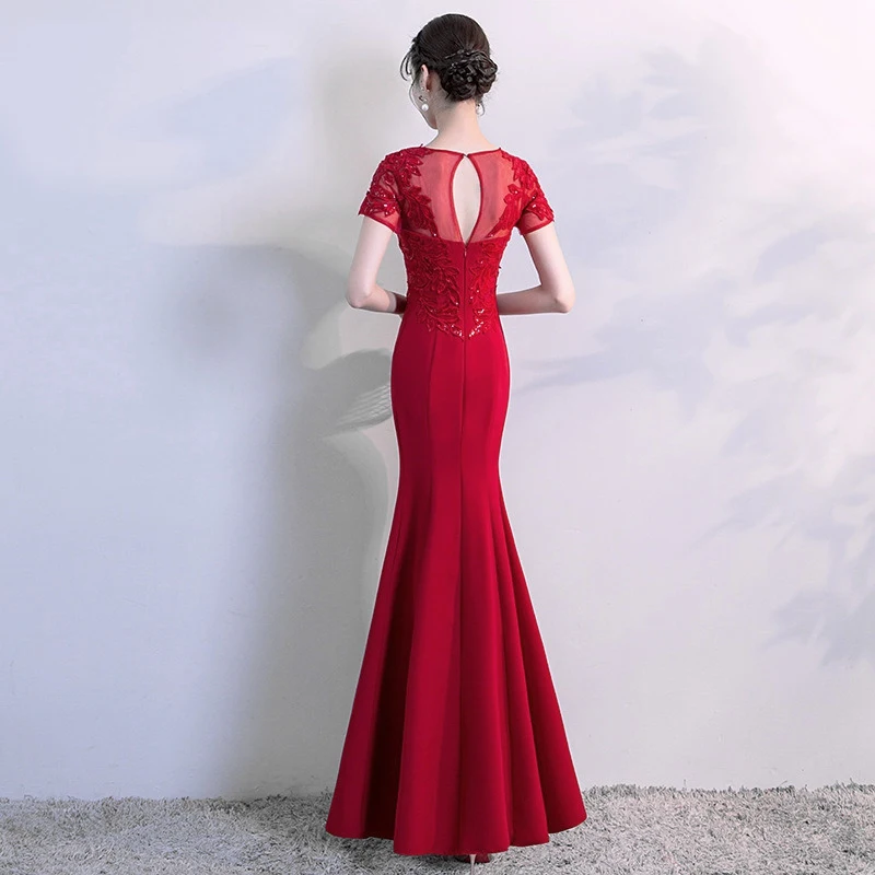 Красное платье с круглым вырезом для свадебной вечеринки Восточное женское