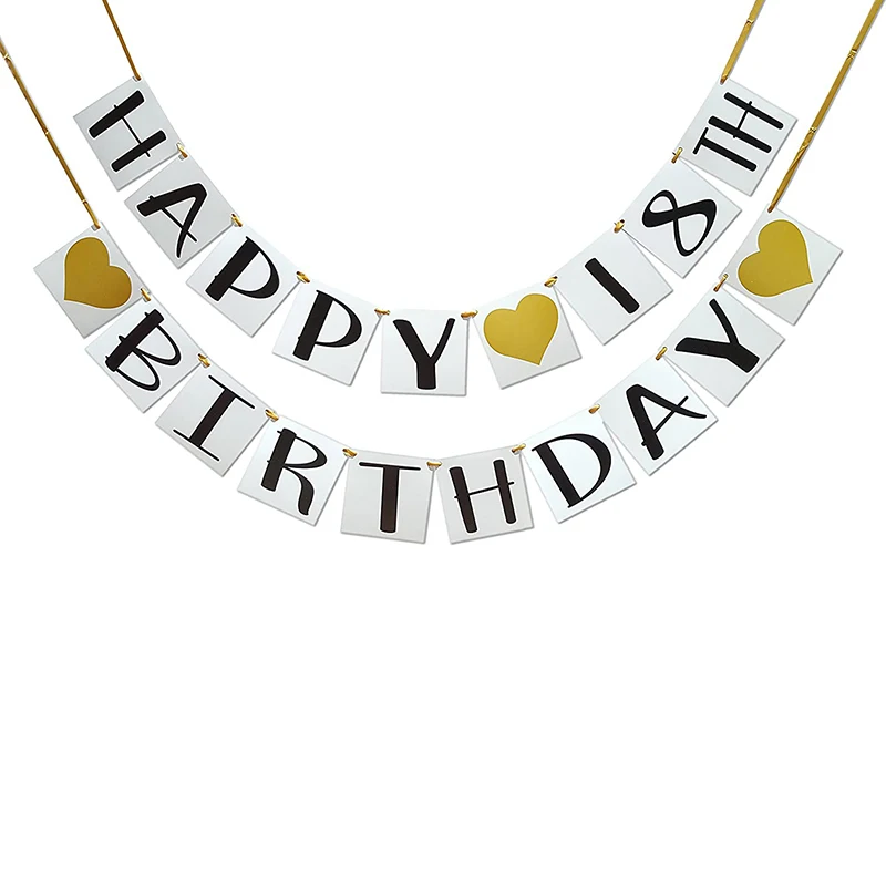 

Happy 18th 30th 40th Birthday Banner Gold Hearts and Ribbon Birthday Decorations