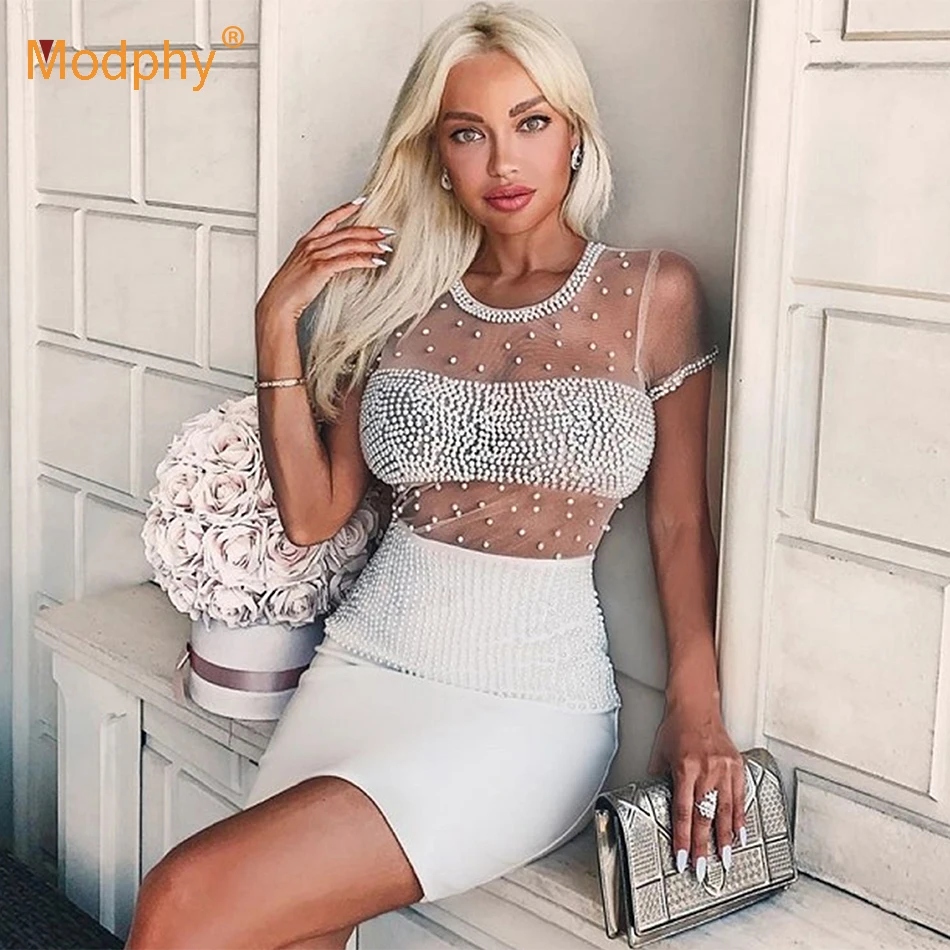 Новый 2019 Летнее белое Бандажное платье с бусинами коротким рукавом Сексуальная