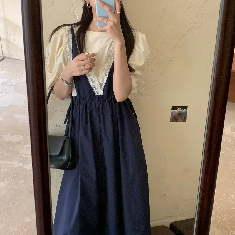 

Women Sets 2021 Summer French Round Neck Loose Puff Sleeve T-Shirt Front Back Lace Drawstring Waist Suspender Dress