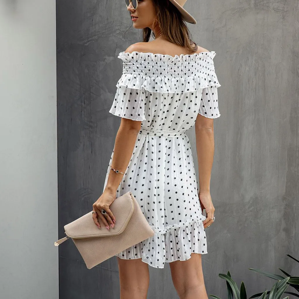 Женское шифоновое платье в горошек на шнуровке с оборками открытыми плечами и