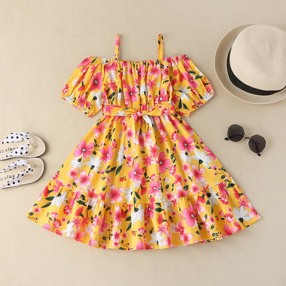 

Girls summer dress children flower pattern mid-length slim suspender long skirt suitable for 3-7 years old