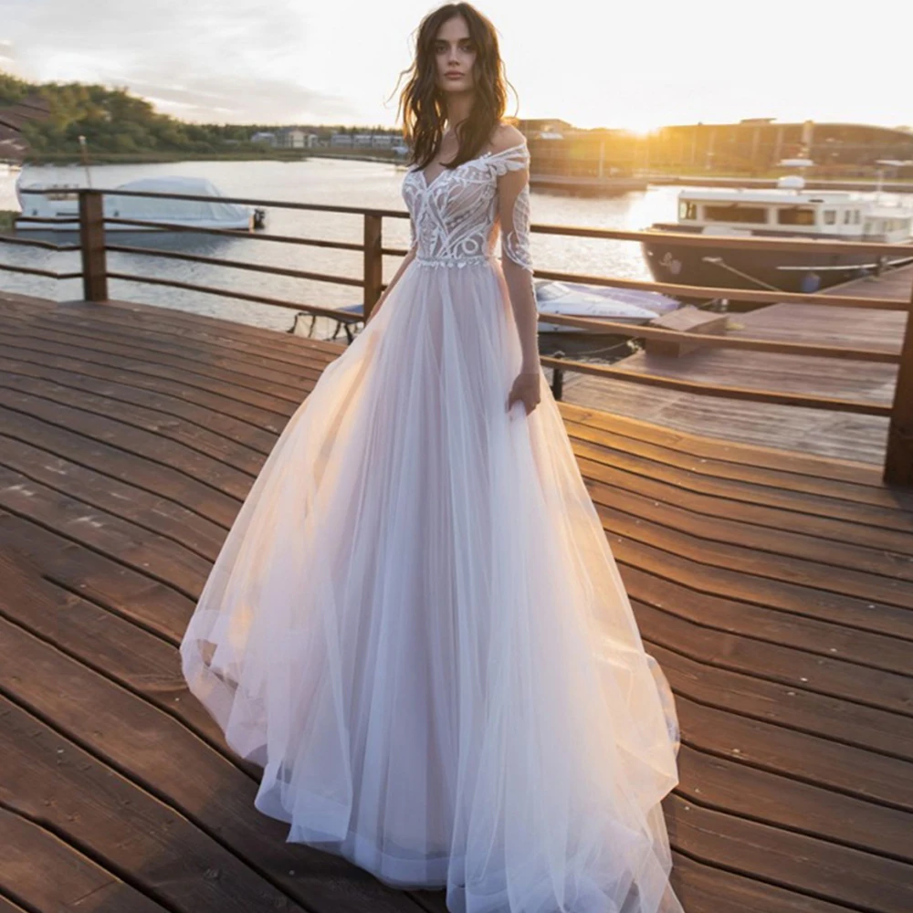 

Charming A-Line Wedding Dress Tulle Long Sleeve Sweetheart Applique Beading Sweep Train Bridal Gowns 2021 Vestido De Noiva