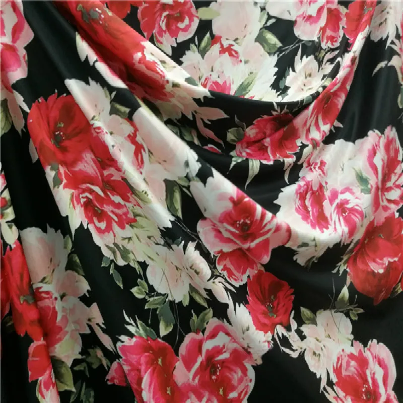 2020 эластичная шелковая ткань с большими цветами черная нижняя принтом розы для