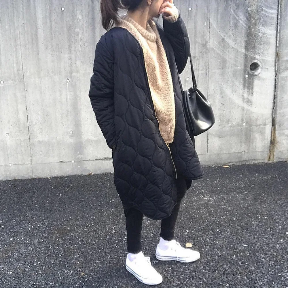 Women Cotton Padded Jackets Winter Warm Long Sleeve Zipper Straight Casual Fashion Korean Style Long Bread Parkas Ladies