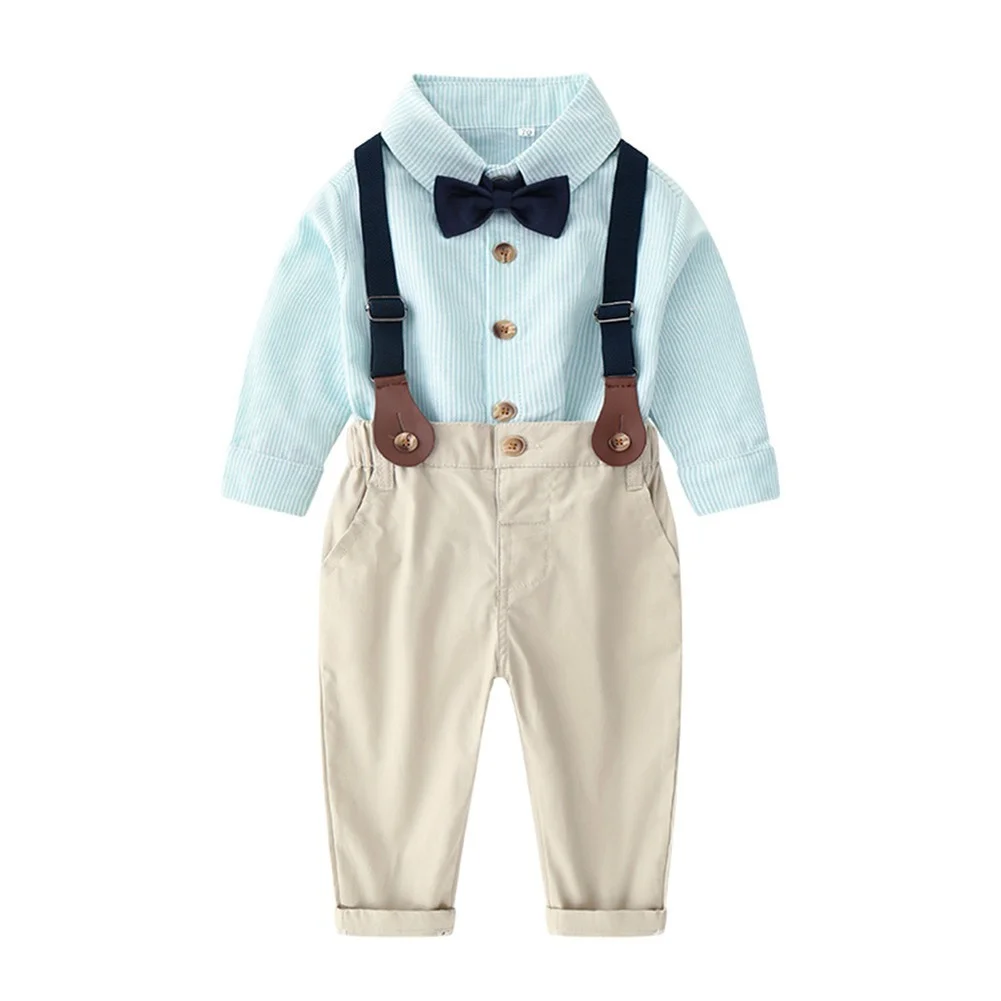

Fashion New Children's Clothing Suit Spring, Summer And Solid Colorboys Suit Bib Pants Trousers + Long-sleeved Shirt Two-Piece