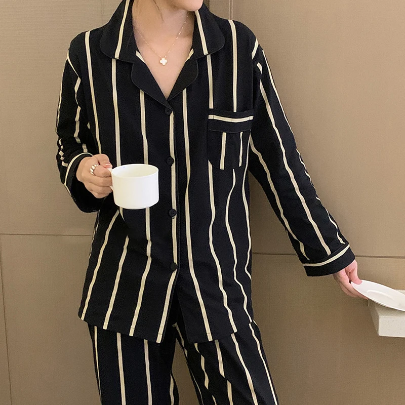 CAIYIER Womens Pajamas Winter Long Sleeve Stripe Nightwear Suit Turn-down Collar Girl Two Piece Set Loungewear Trousers Pyjamas
