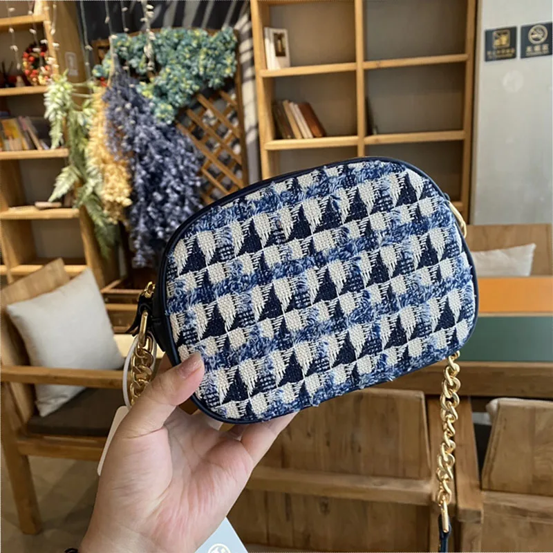 

fashion shoulder bag women corduroy material blue& white color lady crossbody bag lattice chains girl purse