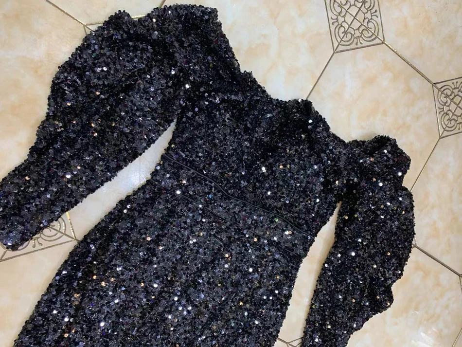 

High Quality Spring 2021 Strapless Long Sleeve Sequined Long Dress Bodycon Women'S Celebrity Evening Party Dress Vestidos