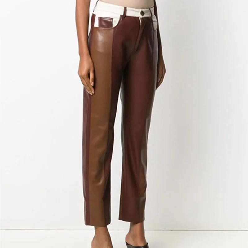 

2021 New Women Faux Leather Pants Ladies High Waist Casual Straight Zipper Ankle-Length Trousers Color Patchwork