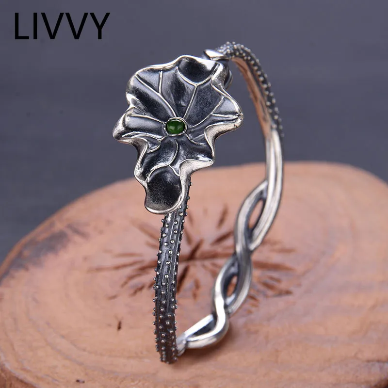 

Новинка 2022, бриллиантовое украшение LIVVY, браслет с листьями лотоса и зелеными цирконами, браслеты-манжеты для женщин, Креативные украшения в...