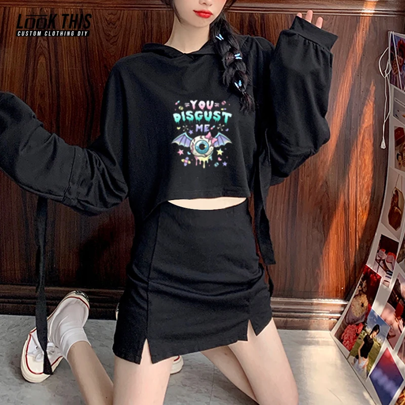 

Grunge Rock Print Women Sweatshirt Oversized Hoodie Ladie Pullover Harajuku Hooded Puff Sleeve Short Tops Long Female Sleeve