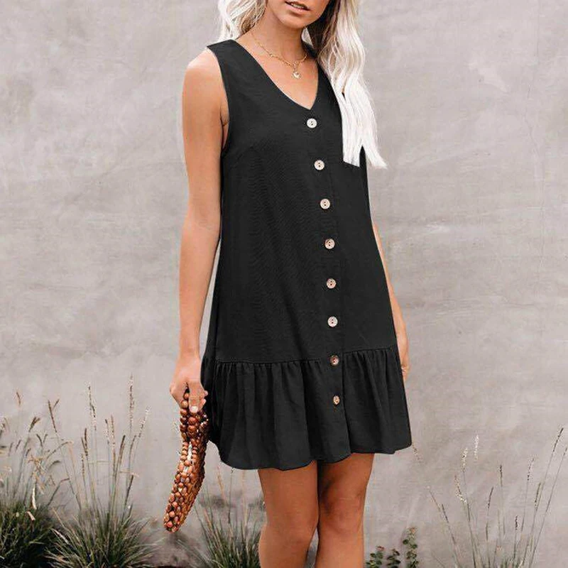 Черное однобортное однотонное Повседневное платье без рукавов тонкое летнее