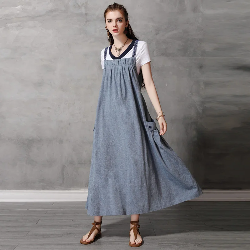 A2020 summer new suspender loose fashion casual style simple large pocket cotton and linen comfortable size long dres | Женская одежда