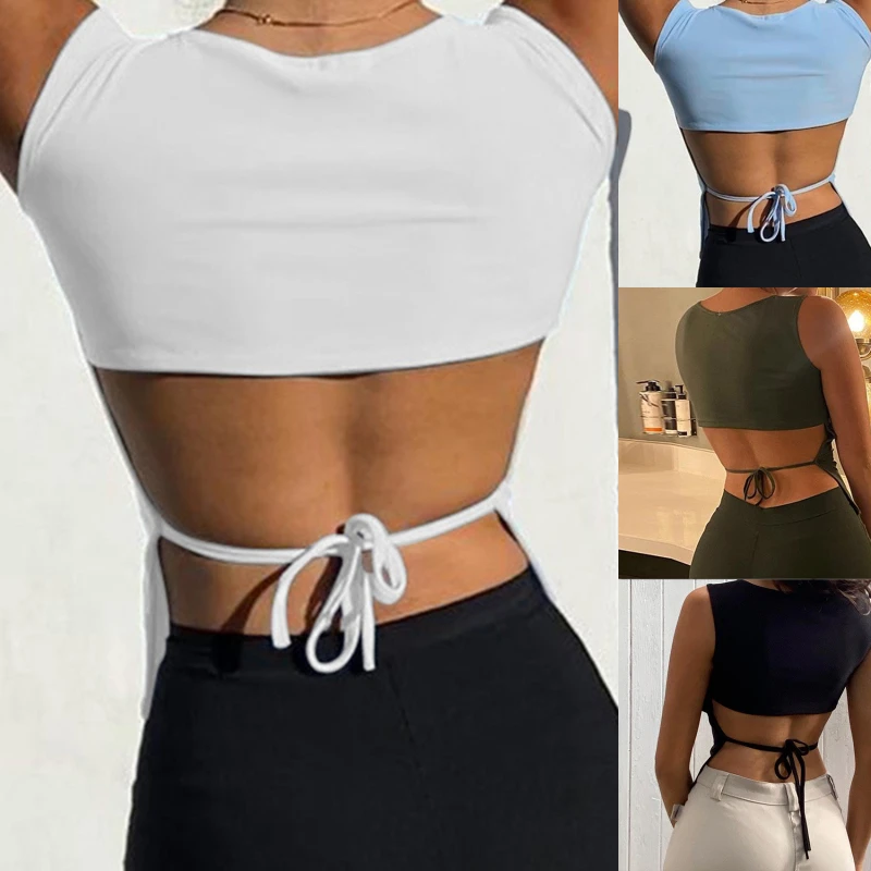 

Tied Backless Slim Solid Sleeveless Crop Top 2021 Summer Sexy Skinny Simple Trim Outfits Mock Neck Basic Tank Top
