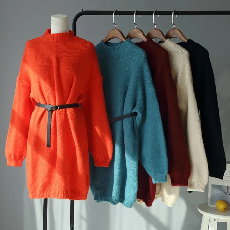 Элегантное OL Свободное длинное платье свитер с круглым вырезом женское плотное