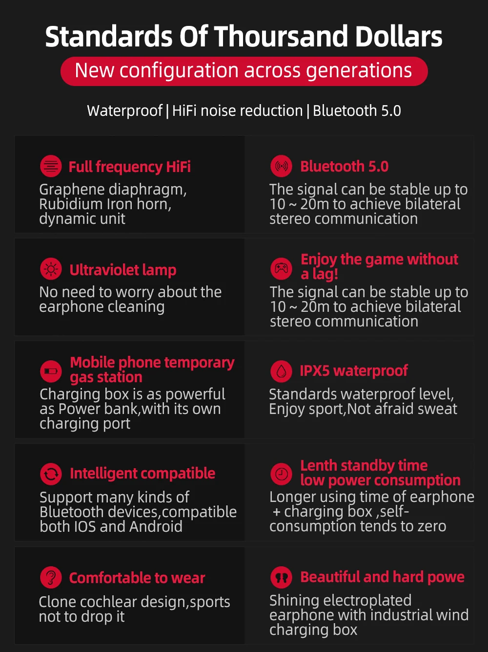 Беспроводные наушники для занятий спортом, бега, 6D, бас, беспроводная Bluetooth гарнитура, водонепроницаемые наушники с внешним аккумулятором и УФ-стерилизацией