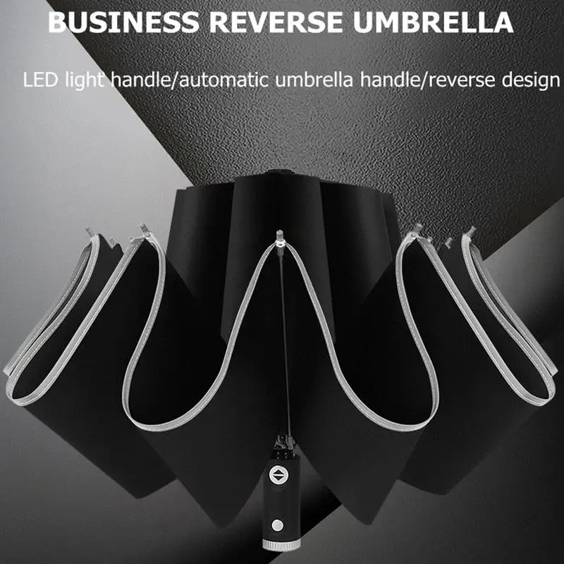 Automatic Umbrella With Reflective Stripe Reverse Led Light Three Folding Inverted 10 Ribs Windproof Umbrellas Travel | Дом и сад