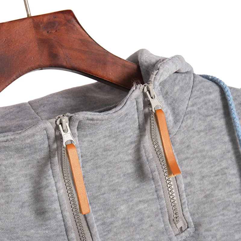 

Spring 2021 Women's Casual Double Zipper Color Spliced Sweatshirt Loose Oversized Basic Streetwear Zip Up Hoodie Vintage Clothes