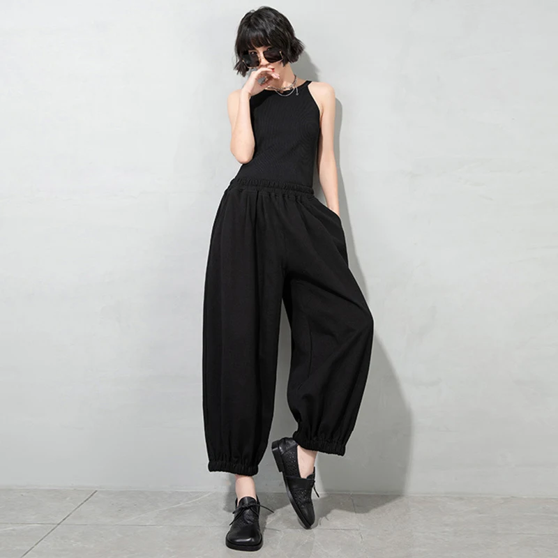 

[EAM] High Elastic Waist Black Long Causla Harem Trousers New Loose Fit Pants Women Fashion Tide Spring Summer 2021 1DD83390