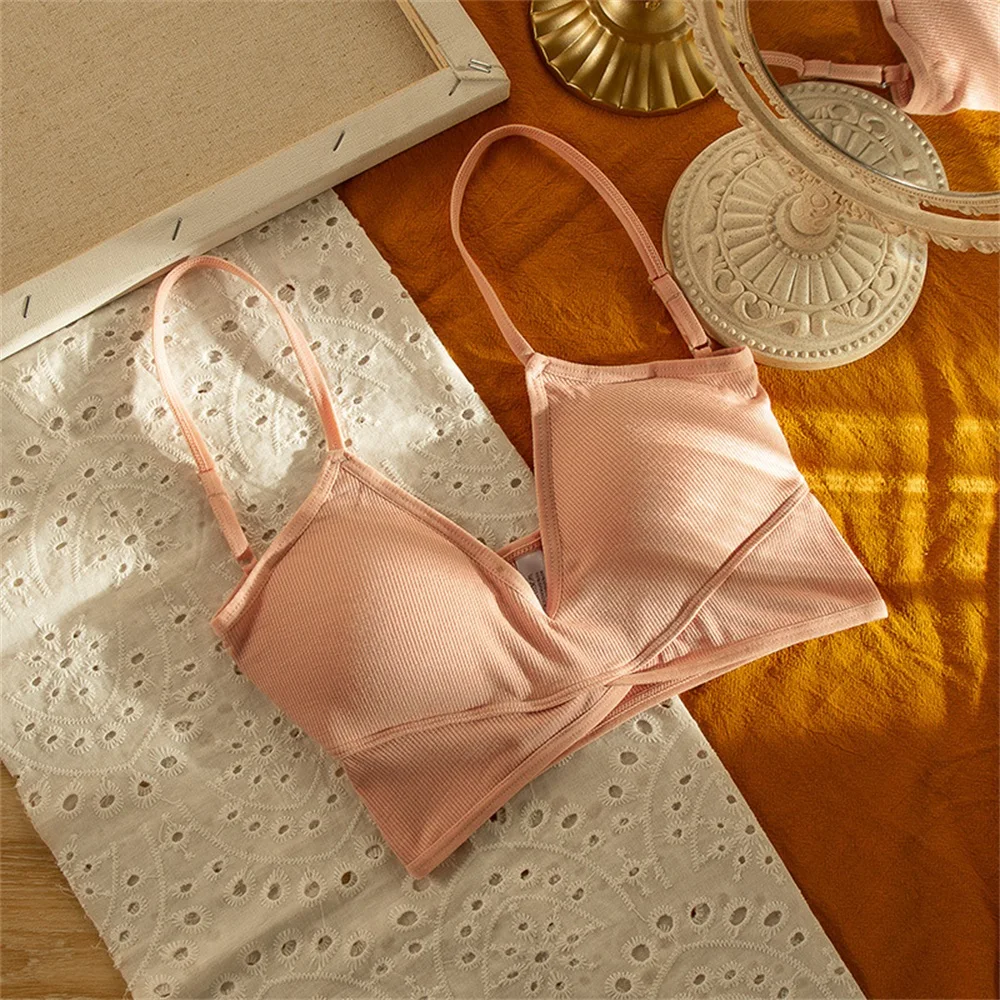 

HECTIC 2021 Pure Cotton French Ladies Triangle Cup Thin Strap Lingerie Spaghetti Strap Beauty Back Bra No Steel Ring Sexy Bra