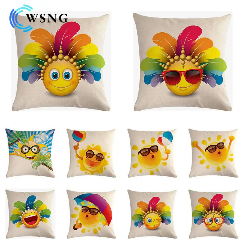 

New Cartoon Sun Color Feather Print Linen Pillowcase Home Office Sofa Decorative Cushion Cover 45*45cm