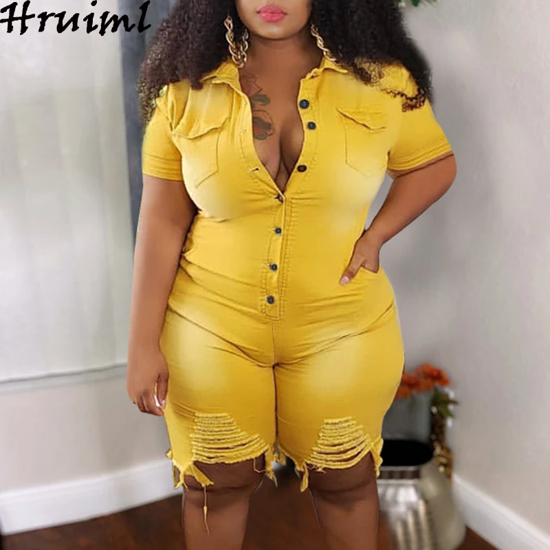 

Denim Jumpsuit Hole Solid Color Commute Single-breasted Jumpsuit Women Fashion Casual Plus Size Pantalones Cortos De Mujer