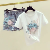 women 2022 summer fashion cotton t shirt tops short jeans 2 pieces sets new 3d flowers beading female denim shorts suit