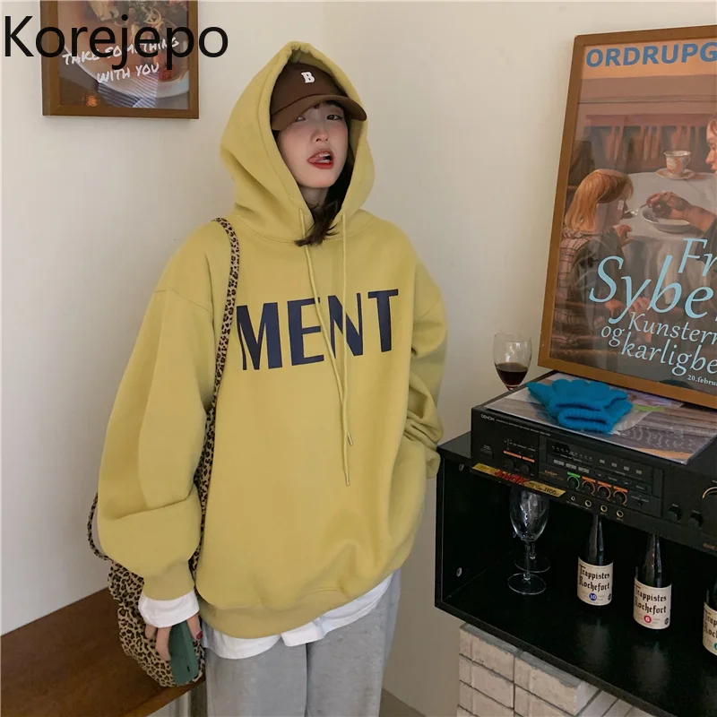 

Korejepo Women Yellow Hooded Sweater 2021 Autumn Winter Korean Chic Retro Casual Letter Printed Loose Plus Velvet Thick Pullover