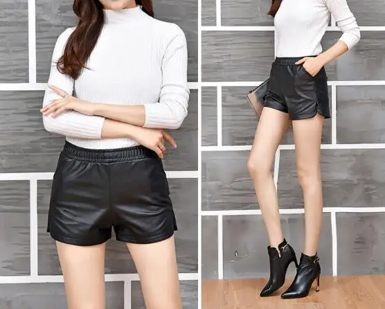 Черные женские шорты осень-зима новинка из искусственной кожи с высокой талией