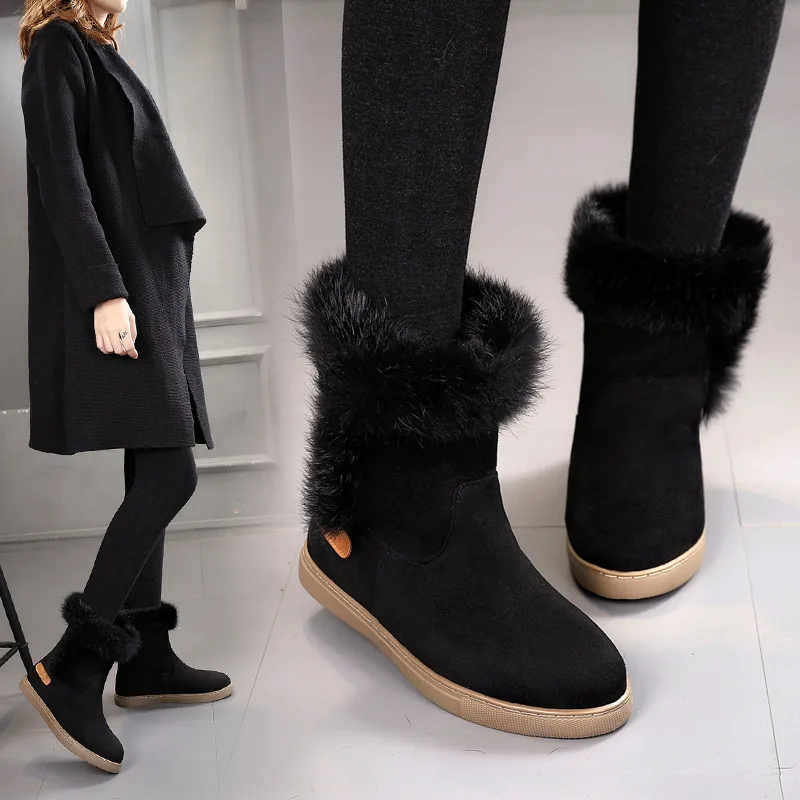 Rabbit Hair snow boots women brown slip on chelsea cotton botas winter warm plush fur shoes ladies booties mid-tube flat botines | Обувь