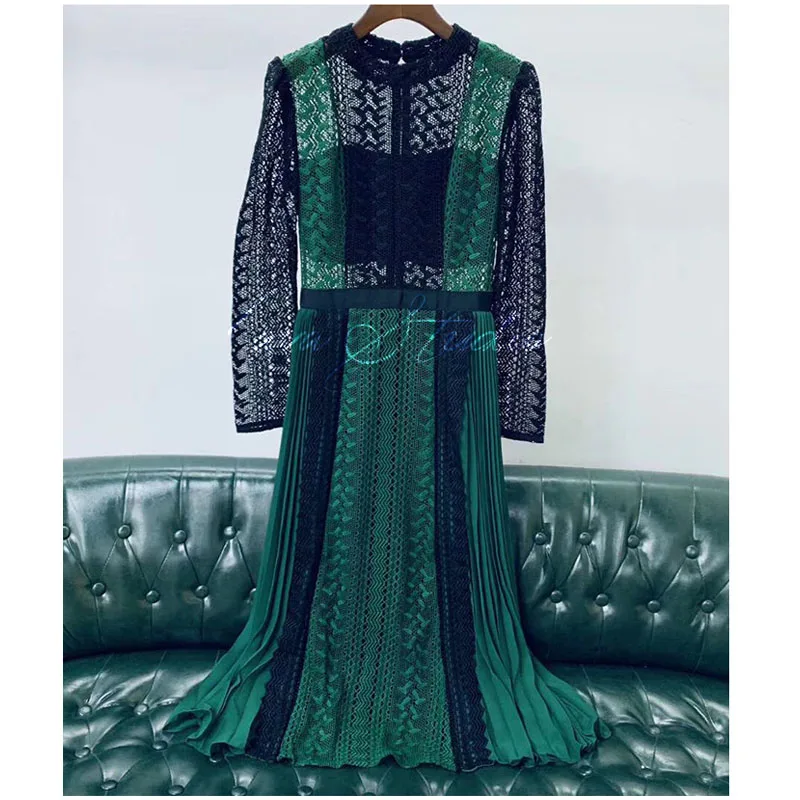 

Lace Dresses Women 2021High Quality Summer Office Ladies O-Neck Sexy Perspective Maxi Long Dress Full Sleeve Hollow Out Dress Za