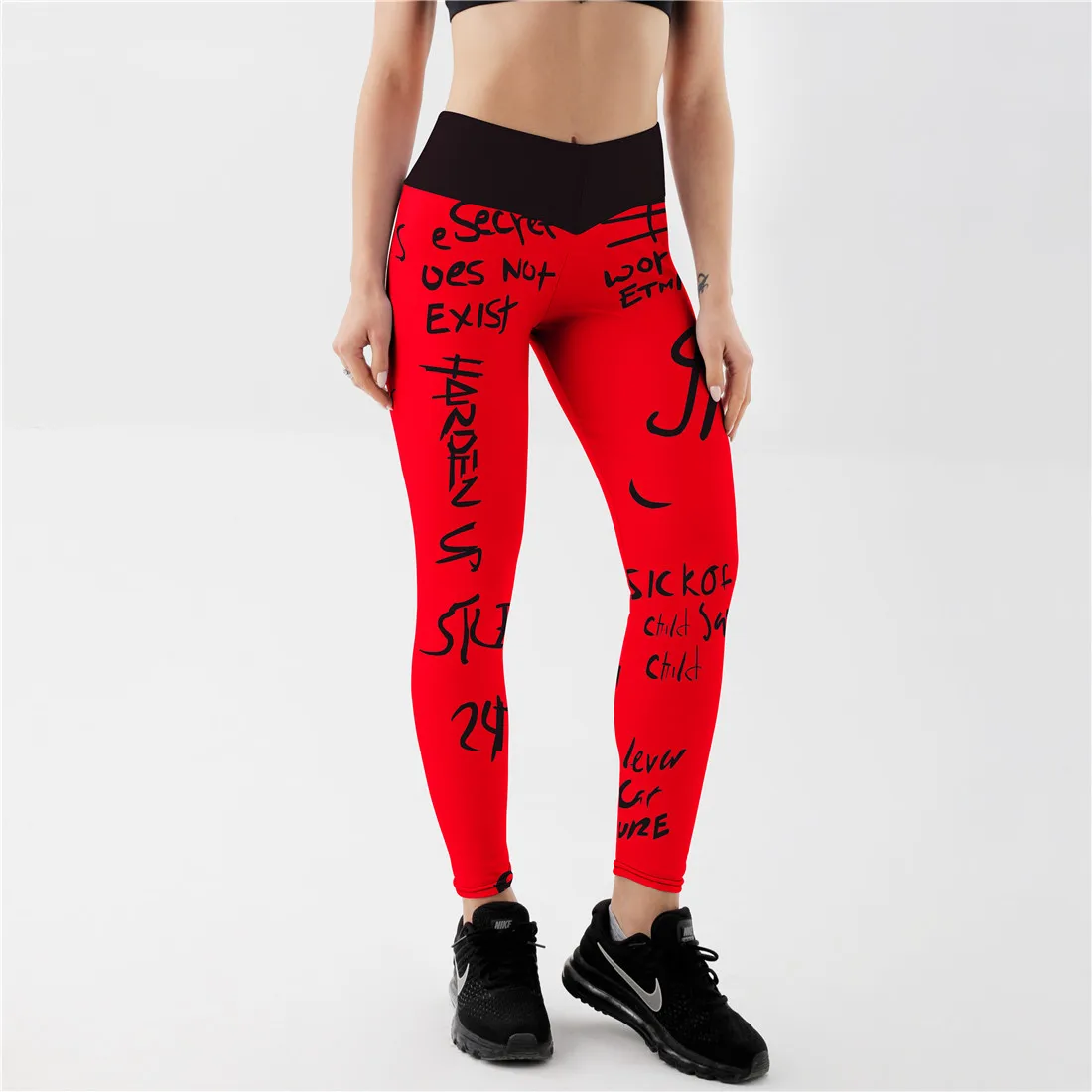 Qickitout High Waist Elastic Workout Leggings Women Slim Fitness Fashion Letter Print Leggings for Gym Sport Running Europe Size spanx leggings