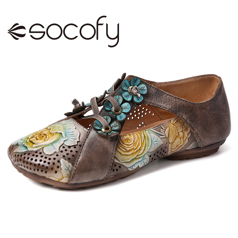 

SOCOFY Womens Retro Style Leather Loafers Embossed Flower Splicing Floral Lace Up Slip On Flat Casual Beach Daily Shoes 2020