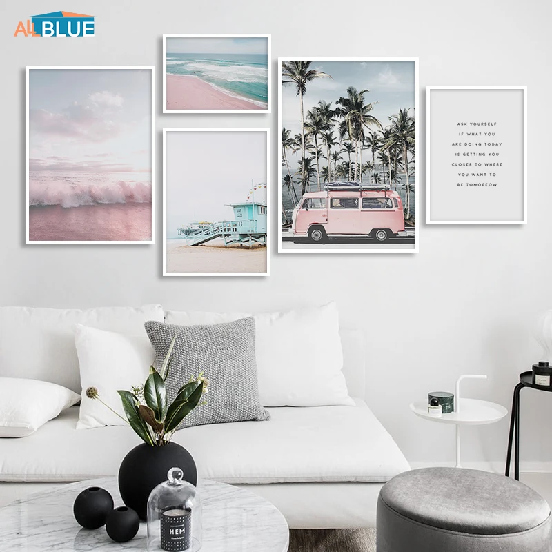 Пейзаж океана холст плакат в скандинавском стиле пляж Розовый автобус настенная