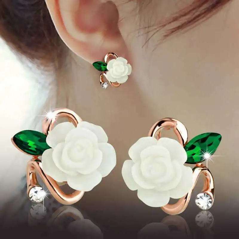 

Korean Fashion Crystal Rhinestone Rose Flower Earrings Rose Flower Resin Rose Flower Earrings wholesale Rarrings Women's Jewelry