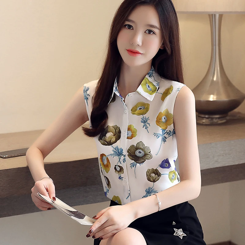 

Fashion Chiffon Printed flowers Casual Ladies Shirt ladies tops Women sleeveless Korean summer Blouse