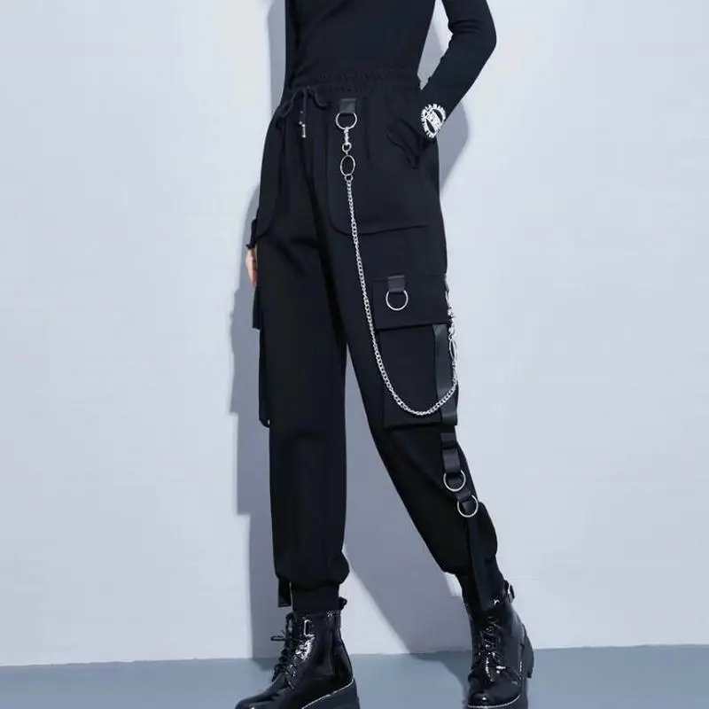 

Streetwear Cargo Pants Women Casual Joggers Black High Waist Loose Female Trousers Korean Style Ribbon Ladies Pants Dropshipping