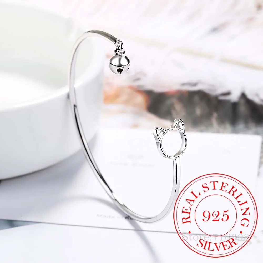 

925 Sterling Silver Adjustable Cat and Jingle Bell Charm Bracelet & Bangle For Women Gift Prevent Allergy Femme Jewelry