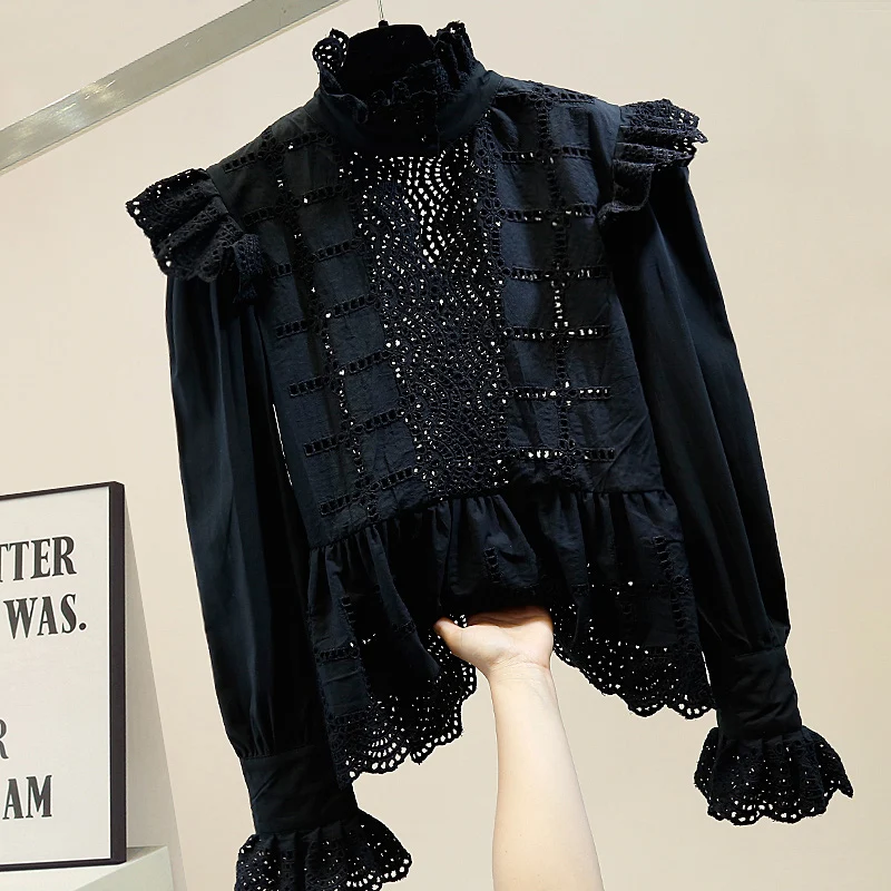 New Sexy Black Shirt Office Lady Stand Collar Ruffles Patched Hollow Out Tops Fall Slim Lace White Blouse Women
